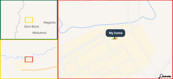 Map showing the address of My home in three different zoom levels.