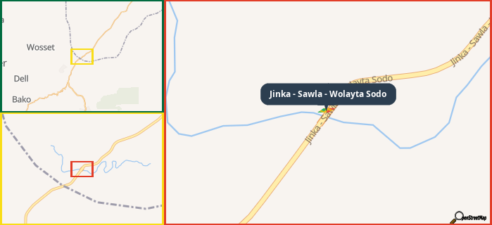 Map showing the address of Jinka - Sawla - Wolayta Sodo in three different zoom levels.