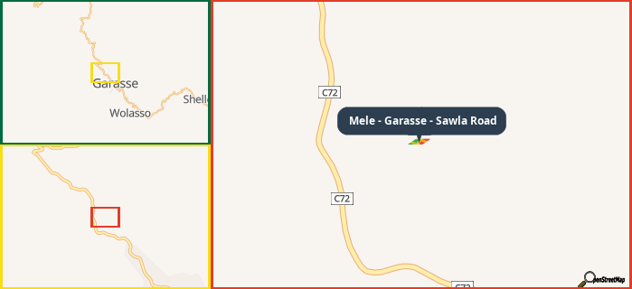 Map showing the address of Mele - Garasse - Sawla Road in three different zoom levels.