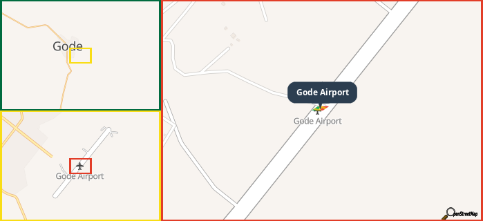 Map showing the address of Gode Airport in three different zoom levels.