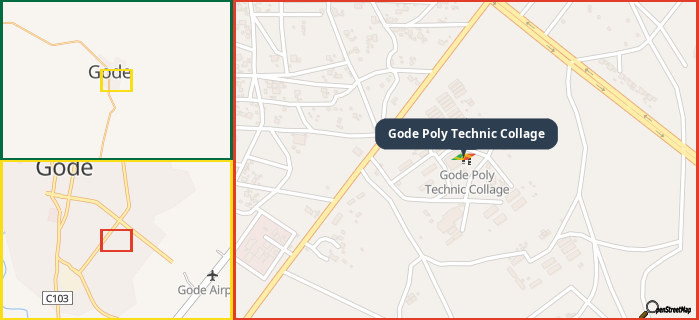 Map showing the address of Gode Poly Technic Collage   in three different zoom levels.