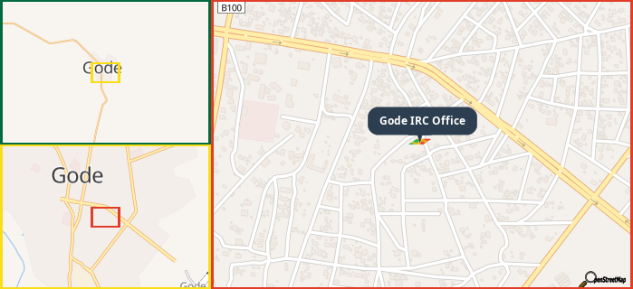 Map showing the address of Gode IRC Office in three different zoom levels.