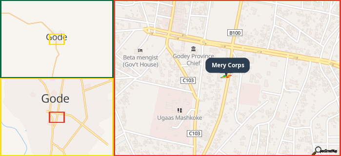 Map showing the address of Mery Corps in three different zoom levels.
