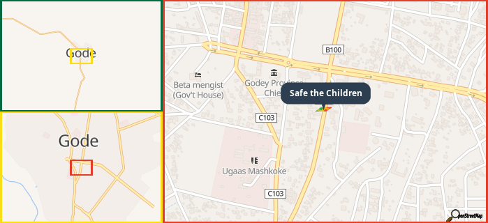 Map showing the address of Safe the Children in three different zoom levels.