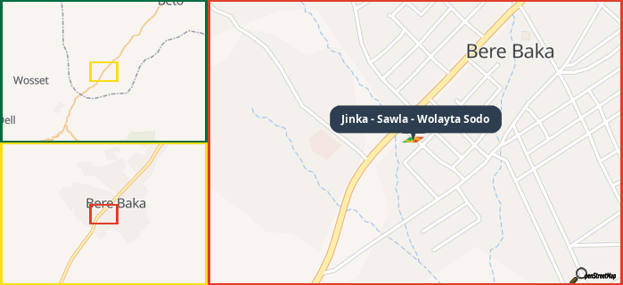 Map showing the address of Jinka - Sawla - Wolayta Sodo in three different zoom levels.