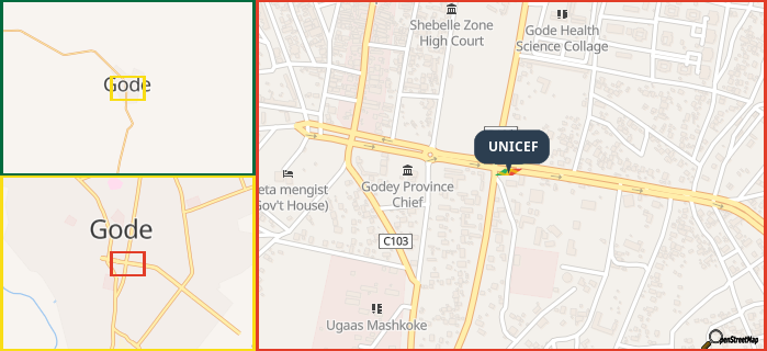Map showing the address of UNICEF in three different zoom levels.