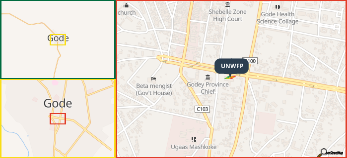 Map showing the address of UNWFP in three different zoom levels.