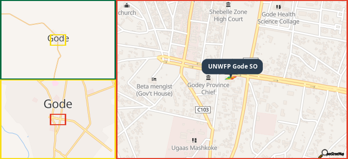 Map showing the address of UNWFP Gode SO in three different zoom levels.