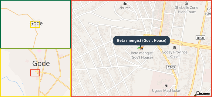 Map showing the address of Beta mengist (Gov't House) in three different zoom levels.