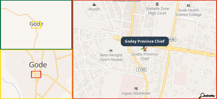 Map showing the address of Godey Province Chief in three different zoom levels.