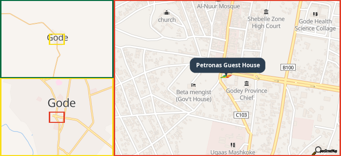 Map showing the address of Petronas Guest House in three different zoom levels.