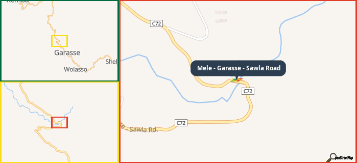 Map showing the address of Mele - Garasse - Sawla Road in three different zoom levels.