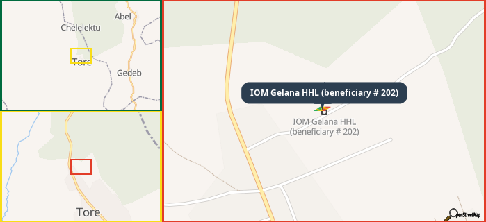 Map showing the address of IOM Gelana HHL (beneficiary # 202) in three different zoom levels.