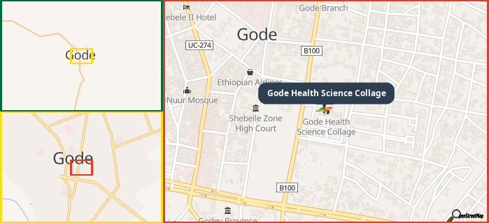 Map showing the address of Gode Health Science Collage  in three different zoom levels.