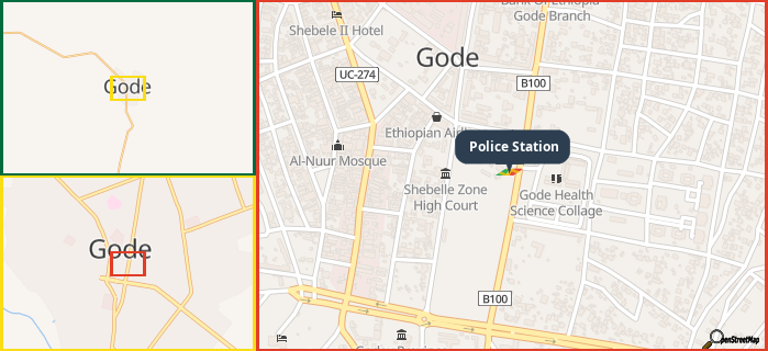 Map showing the address of Police Station in three different zoom levels.