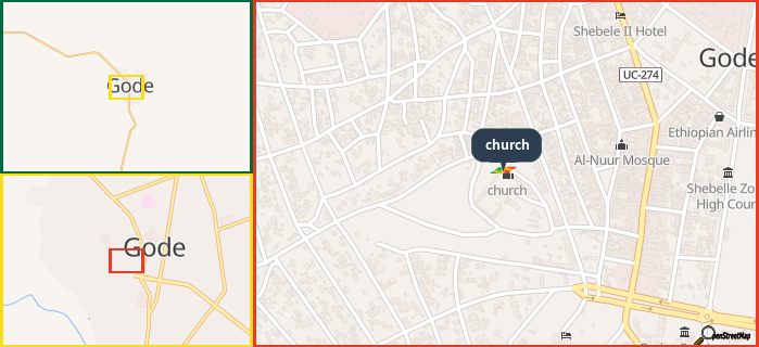 Map showing the address of church in three different zoom levels.