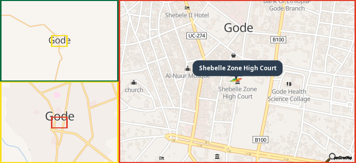 Map showing the address of Shebelle Zone High Court in three different zoom levels.