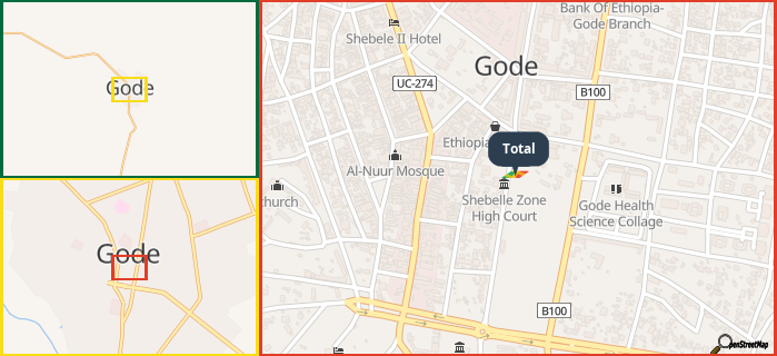 Map showing the address of Total in three different zoom levels.