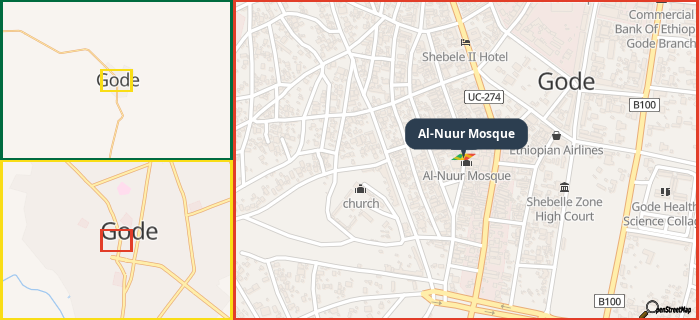 Map showing the address of Al-Nuur Mosque in three different zoom levels.