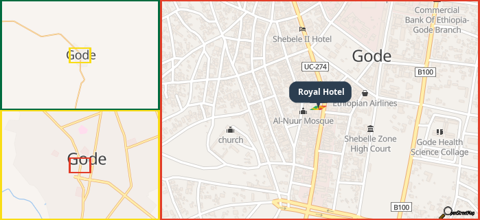 Map showing the address of Royal Hotel in three different zoom levels.