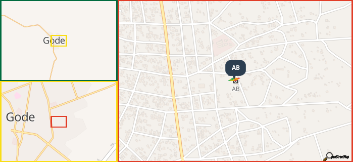 Map showing the address of AB in three different zoom levels.