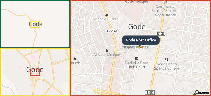Map showing the address of Gode Post Office in three different zoom levels.