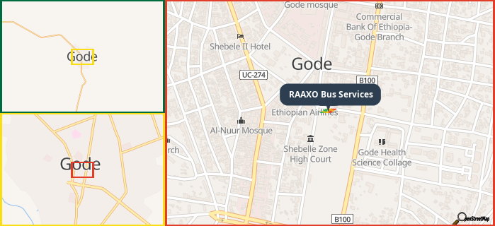 Map showing the address of RAAXO Bus Services  in three different zoom levels.