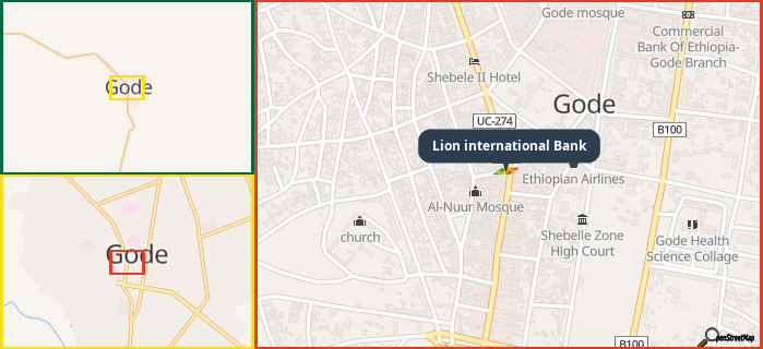 Map showing the address of Lion international Bank in three different zoom levels.
