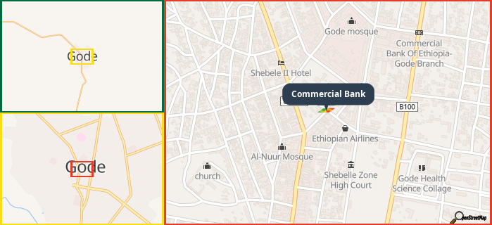 Map showing the address of Commercial Bank in three different zoom levels.