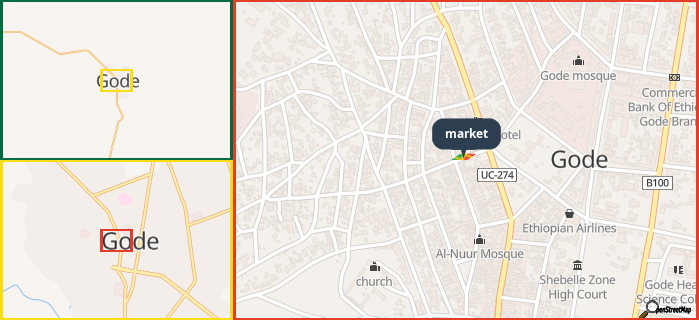 Map showing the address of market in three different zoom levels.