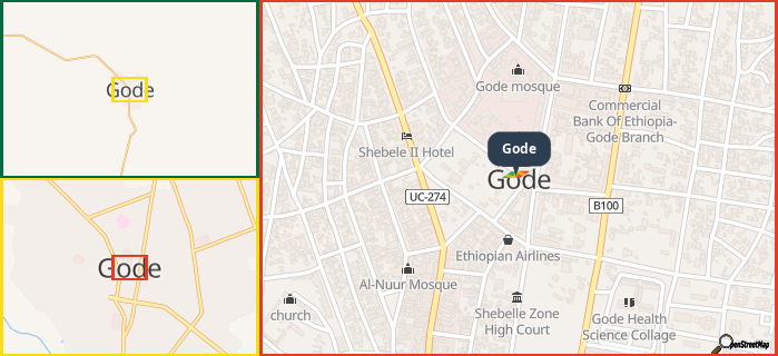 Map showing the address of Gode in three different zoom levels.
