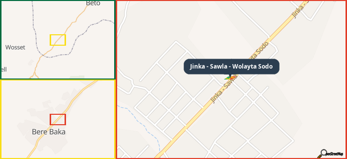 Map showing the address of Jinka - Sawla - Wolayta Sodo in three different zoom levels.
