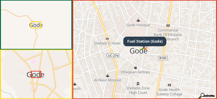 Map showing the address of Fuel Station (Gode) in three different zoom levels.