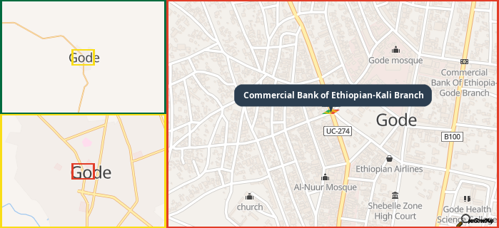 Map showing the address of Commercial Bank of Ethiopian-Kali Branch in three different zoom levels.