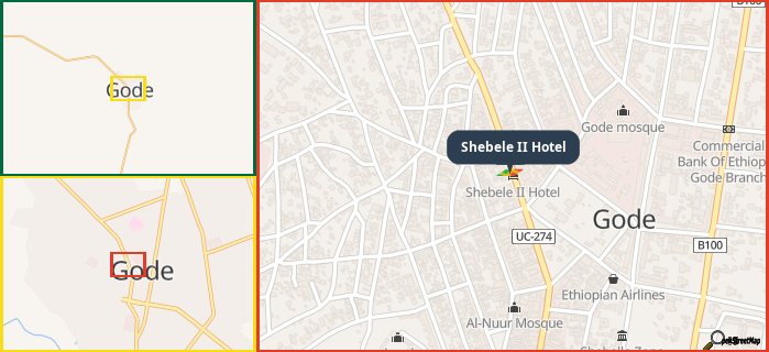 Map showing the address of Shebele II Hotel in three different zoom levels.