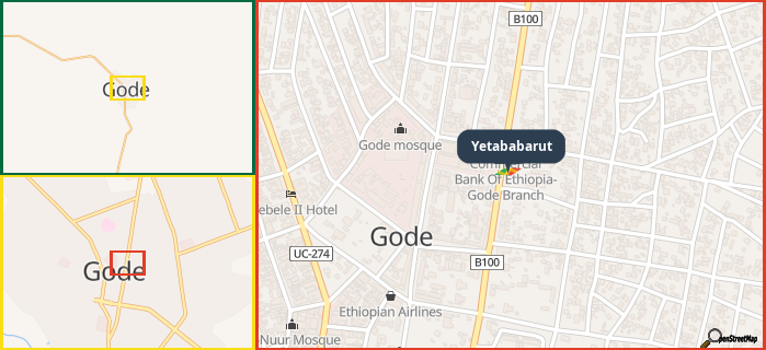 Map showing the address of Yetababarut in three different zoom levels.