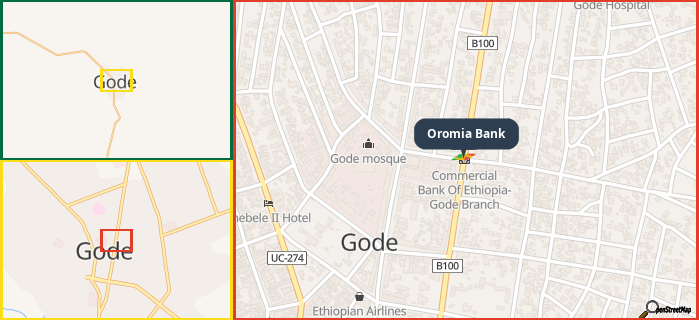 Map showing the address of Oromia Bank in three different zoom levels.