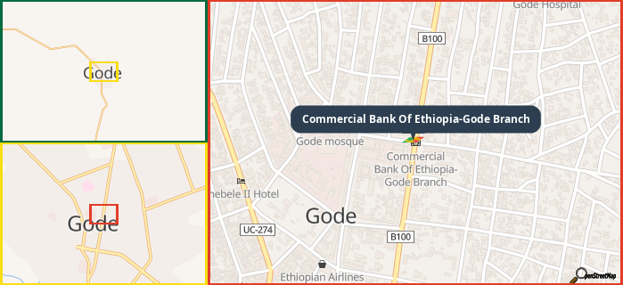 Map showing the address of Commercial Bank Of Ethiopia-Gode Branch  in three different zoom levels.