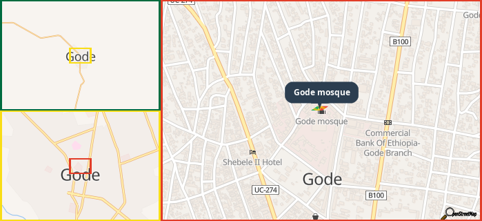 Map showing the address of Gode mosque in three different zoom levels.