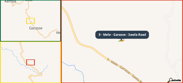 Map showing the address of 9 - Mele - Garasse - Sawla Road in three different zoom levels.