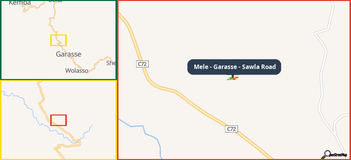 Map showing the address of Mele - Garasse - Sawla Road in three different zoom levels.