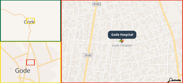 Map showing the address of Gode Hospital in three different zoom levels.