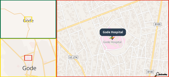 Map showing the address of Gode Hospital in three different zoom levels.