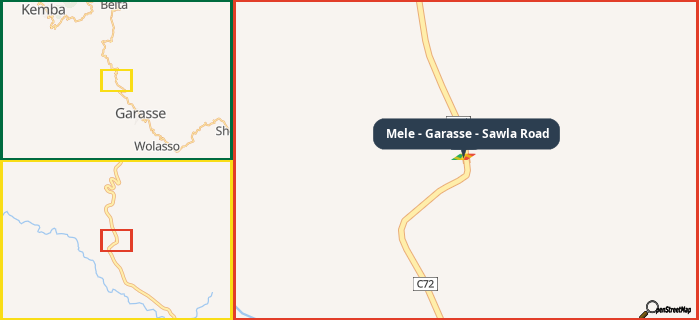 Map showing the address of Mele - Garasse - Sawla Road in three different zoom levels.