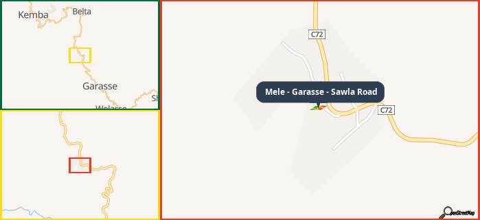 Map showing the address of Mele - Garasse - Sawla Road in three different zoom levels.