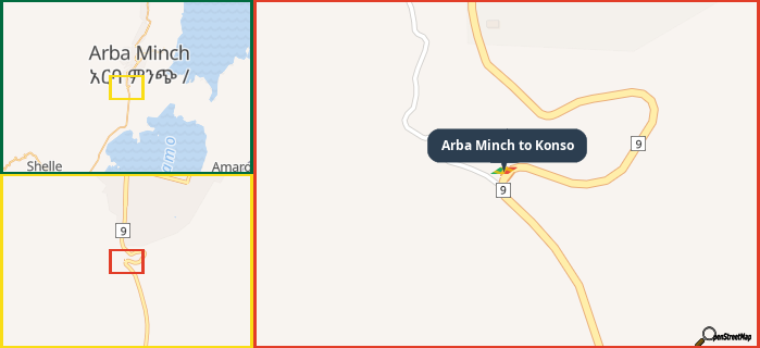 Map showing the address of Arba Minch to Konso in three different zoom levels.