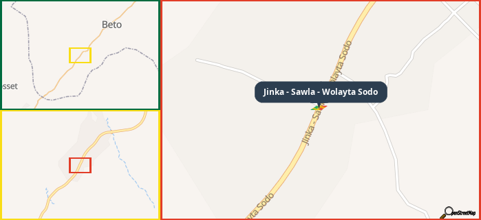 Map showing the address of Jinka - Sawla - Wolayta Sodo in three different zoom levels.