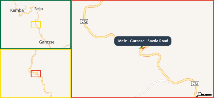 Map showing the address of Mele - Garasse - Sawla Road in three different zoom levels.