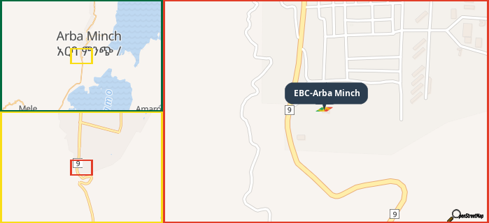 Map showing the address of EBC-Arba Minch in three different zoom levels.