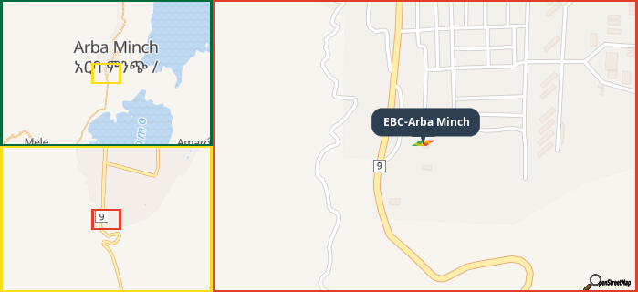 Map showing the address of EBC-Arba Minch in three different zoom levels.